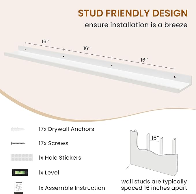 Axeman Picture Ledge Shelf, Floating Shelves for Wall Decor Storage Set of 6, 55 inch Floating Wall Mounted Shelves, Shelves with Lip for Living Room, Bedroom, Nursery, Bathroom, Kitchen, White