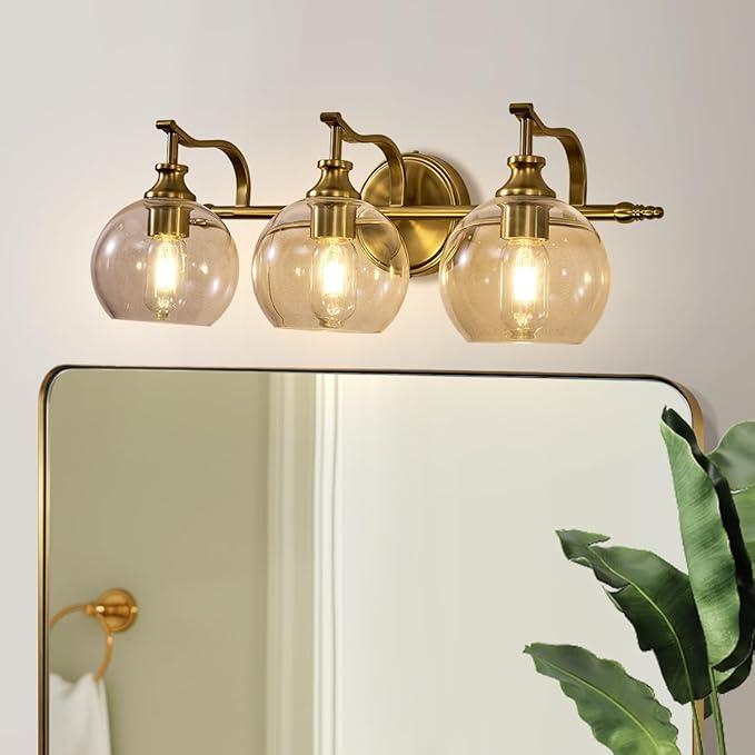ANDY STAR Bruhsed Gold Bathroom Light Fixtures, Gold 3 Light Bathroom Vanity Lights, 3 Lights Wall Light with Globe Clear Lampshade, Vintage Brass Sconce with Metal Lamp Body for Bedroom, Living Room
