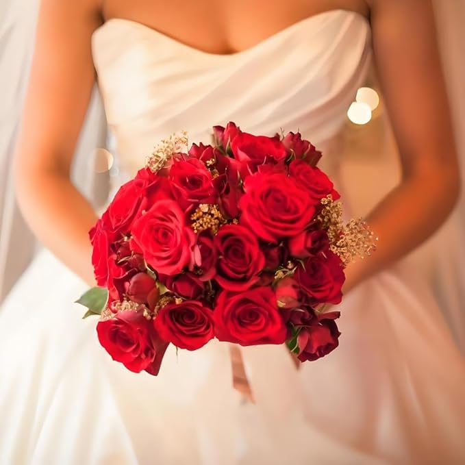 Jasion 50PCS Artificial Roses Realistic Velvet Silk Fake Flowers Long Stem Faux Flowers Bouquet for Wedding Home Party Table Centerpieces Decoration (Red)