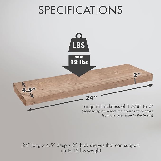 Urban Legacy Reclaimed Barnwood Planks | Floating Shelves for Wall w/Flush Mount Shelf Bracket Set Included | Set of 2 (Natural, 24"x 4.5"x 2")