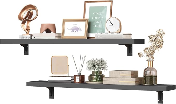 HOOBRO Floating Shelves for Wall, 31.5" Wall Mounted Shelves Set of 2, Hanging Storage Shelf with Metal Brackets, Wooden Shelf for Living Room, Bedroom, Bathroom, Black BK82BJP201G1