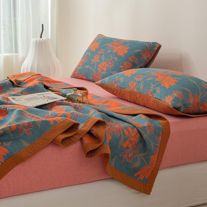 100% Cotton Muslin Blanket Jacquard Floral Flowers Bloosom Print Quilt, Soft Bed Cover 3 Layers Reversible Bedspread Coverlet Breathable Lightweight Bedding Twin(59"x94"), No Pillow Sham