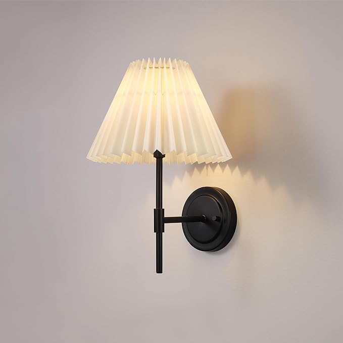 GLOBE Electric 1-Light Wall Sconce, Matte Black, White Pleated Fabric Shade, E12 Base Socket, Candelabra Bulb, Living Room Lighting, Home Essentials, Décor, Bedroom, Mounted Bedside Lamp