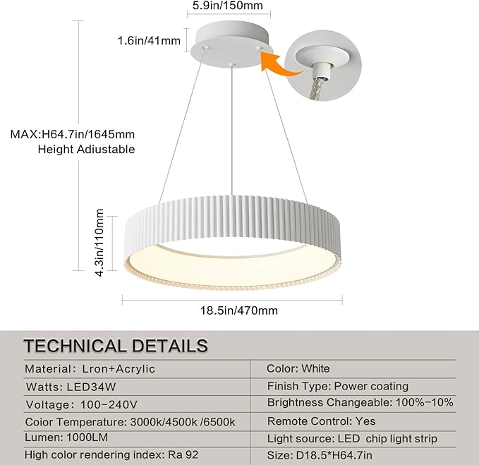 Modern LED Chandelier-18.5" White Dimmable Circular LED Pendant Light 1 Ring with Remote, Round Hanging Light for Kitchen Island, Dining Room, Living Room, Foyer, Entryway