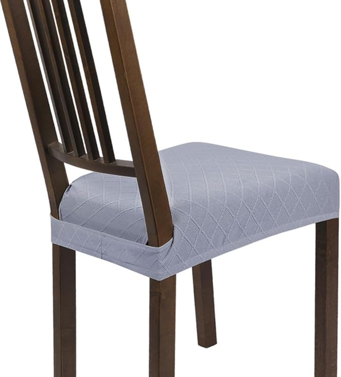 SearchI Stretch Dining Chair Seat Covers Set of 6, Soft Washable Seat Covers for Dining Chairs, Dining Room Seat Cover Protector (Rear-Covered, Check Jacquard Light Grey)