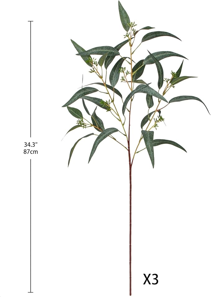 Faux Eucalyptus Stems Willow Eucalyptus Leaves 34” Long Fake Salix Leaves 3 Pcs Artificial Greenery Stems for DIY Bouquet Arrangements Centerpieces Shower Decorations-Artificial Eucalyptus Stems