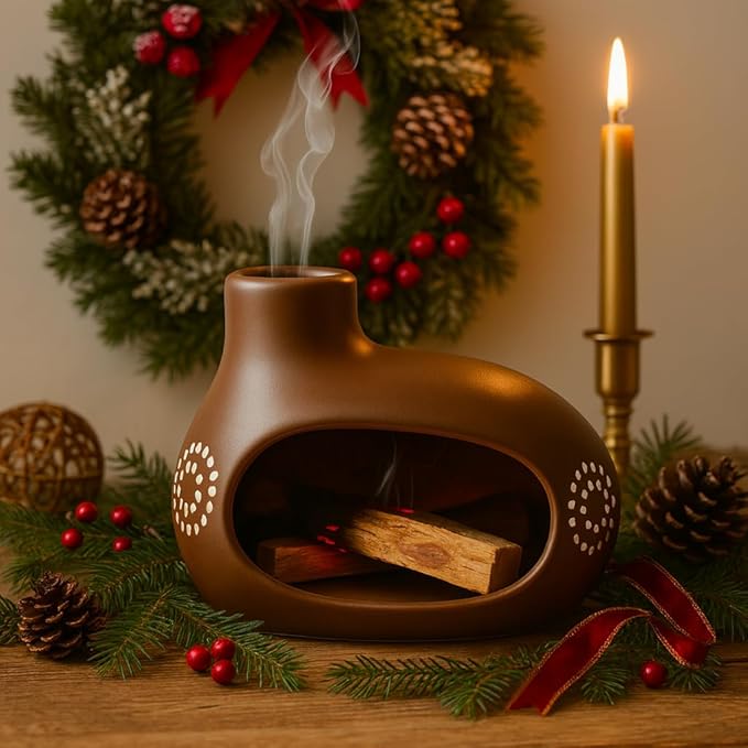 Palo Santo Sticks Holder, Handmade Ceramic Palo Santo Holder Burner for Burning Cone or Resin Incense, Smudge Sticks and Tealight, Chiminea Incense Holder for Meditation, Cleansing Negative Energy
