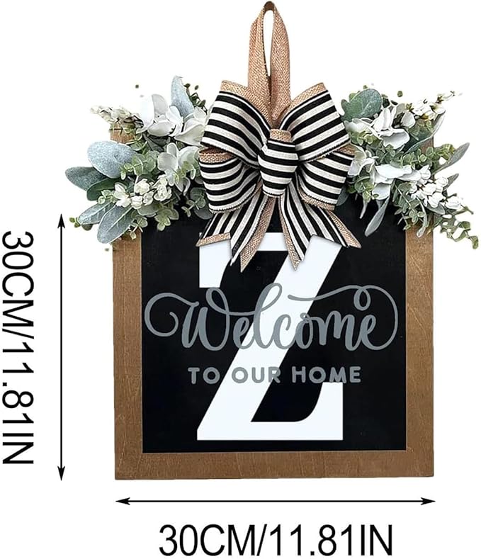 Last Name Year Round Front Door Wreath Front Porch Decoration 26 Letter Welcome Sign with Eucalyptus Garland and Bow Spring Wreaths for Front Door Outside Hanger Garland（Z）