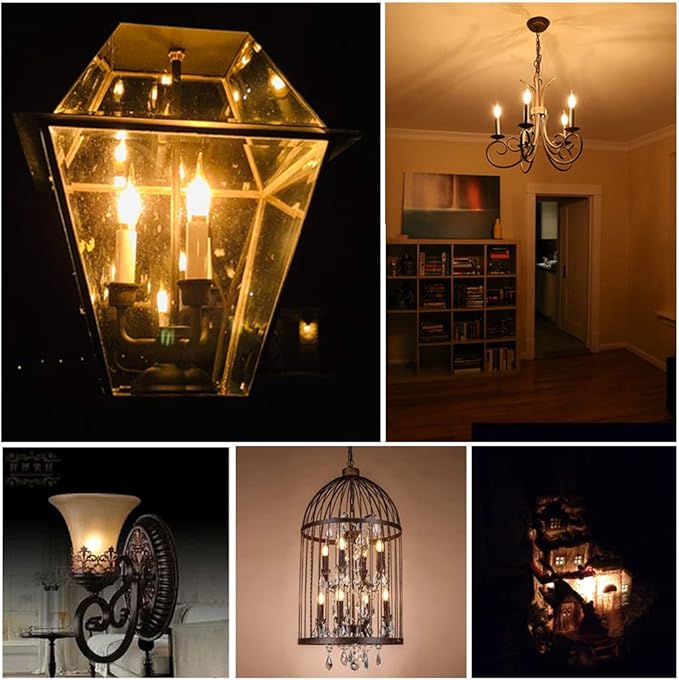 LED Vintage Candelabra Bulbs Night Lights E12 C22T Edison Candle Bulbs Filament Flame 7 Watt Equivalent LED Chandelier Light Bulbs Decorative Lights 2200K Warm Amber Glass, CRI 90+, Pack of 6