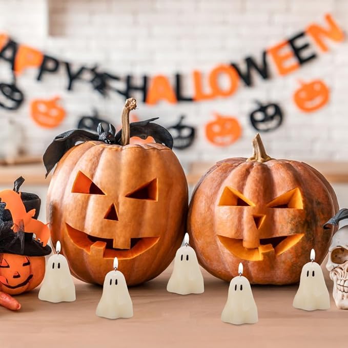 20 Pieces Ghost Candles, Halloween Decoration Candles, White Soy Wax Horror Spooky Tea Lights Candles Set Goth Gifts for Ghost Decor Fall Decor Halloween Party Home Bedroom Room Table Decorations