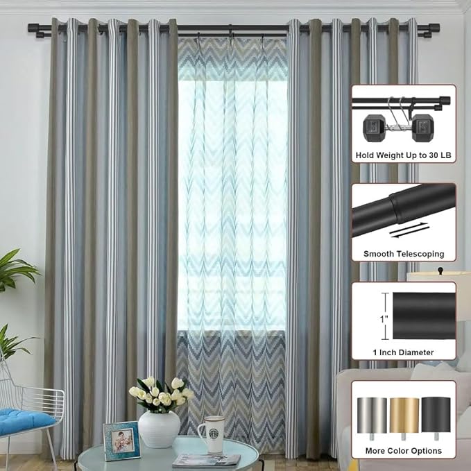 Double Curtain Rods for Window 72 to 144 Inch (6-12ft), Matte Black Double Drapery Rod, Heavy Duty 1 Inch Front and 5/8 Inch Back Decorative Dual Window Rods with Cap Finials