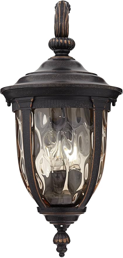 John Timberland Bellagio Vintage Outdoor Wall Light Fixture Bronze Brown Metal 20 1/2" Champagne Hammered Glass Curved Arm for House Porch Patio Outside Deck Garage Yard Front Door Garden Home