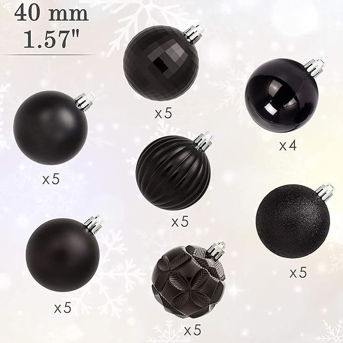 AMS 34ct Christmas Ball Mini Ornaments Party Decorations Shatterproof Festival Pendant Hangings for Xmas Tree Decor(1.57''/40mm,Black)