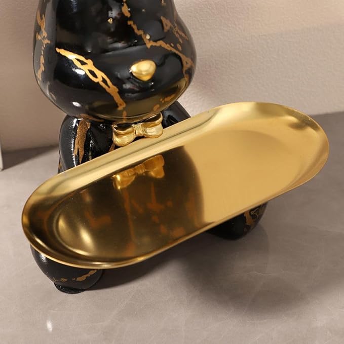 Resin Bear Sculpture, Accessory Tray Animal Statue, Sitting Bear for Home Decor and Office, Suitable for Bedroom, Living Room, Office on Table, Desktop, Shelves and Cabinet (Black Gold)