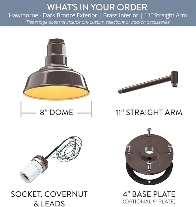 Steel Lighting Co. Hawthorne Barn Light | Outdoor Wall Mounted | 8 inch Dome | 11" Straight Arm | Small Farmhouse Light Made in America | Dark Bronze Exterior/Brass Interior