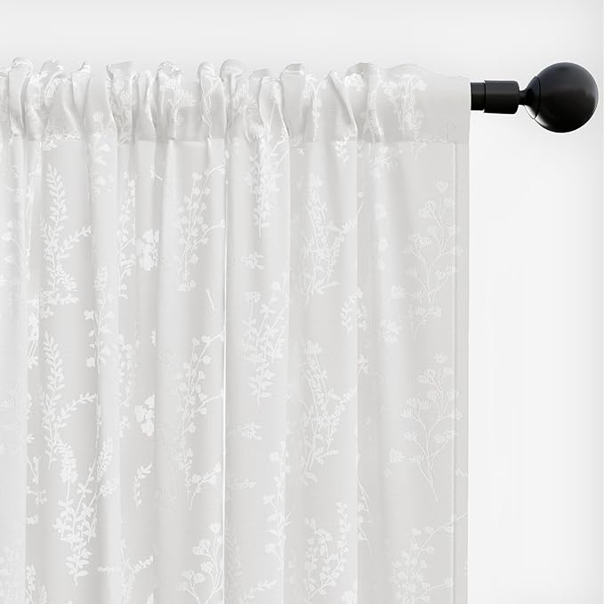 Anmao White Semi Sheer Light Filtering Curtains 90 Inches Long 2 Panels, Flower Pattern Drapes for Living Room Bedroom, Rod Pocket Sheer Window Treatments with Floral Design, 52x90 Inch