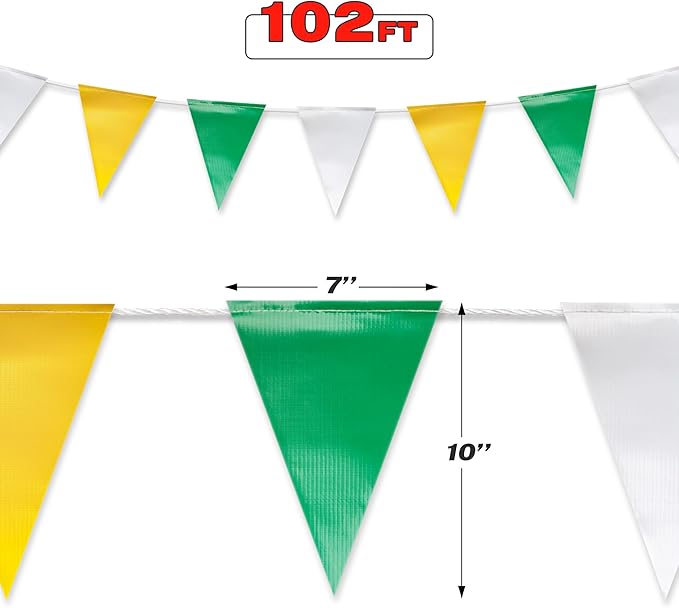 Yellow & White & Green Pennant Banner Flags | OSHA 500lb Rated | Strand Fade Resistant 【102FT】