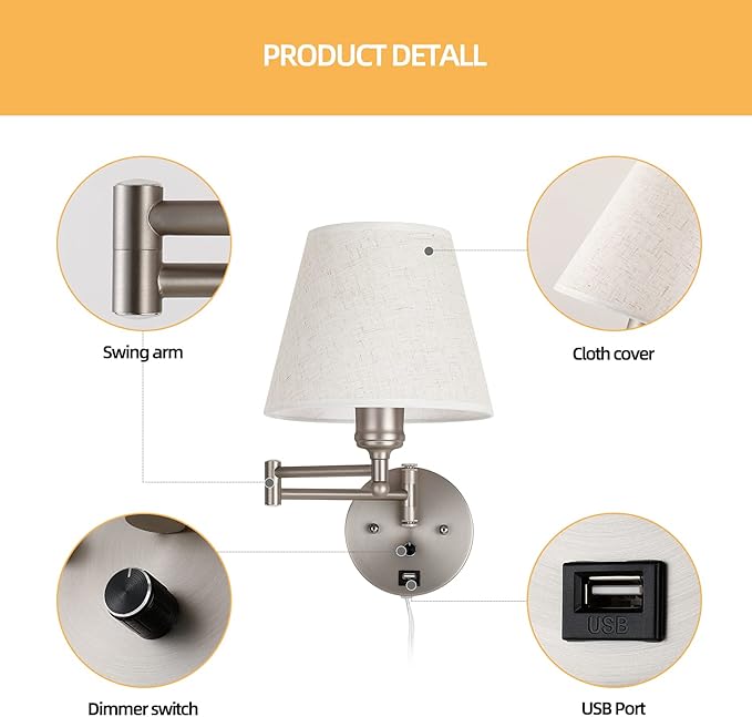 Swing Arm Wall Lamp Wall Mount Lamp with Cord Plug in Wall Sconce Lighting with Dimmable On Off Switch Wall Light with USB Port Plug in Wall Lamp for Bedroom Reading Satin Nickel Finish