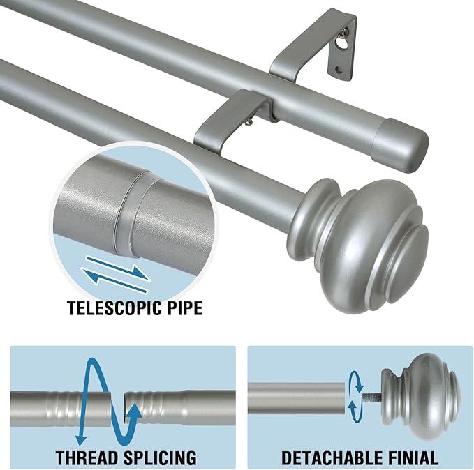 H.VERSAILTEX Double Curtain Rods for Windows 16.2 to 43.8 Inches 3/4 inch Diameter Adjustable Decorative Telescoping Double Curtain Rod with Brackets Heavy Duty Splicing Curtain Rods, Goldish Nickel