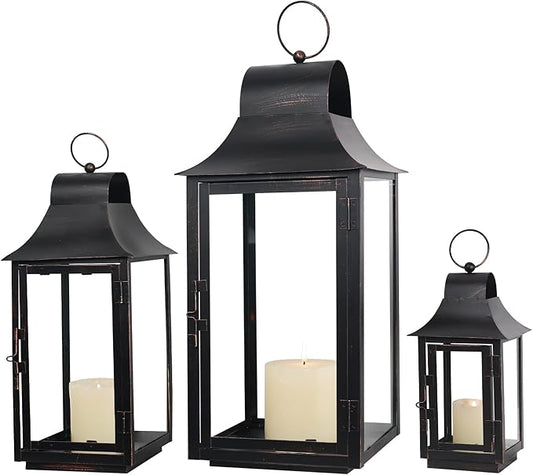 DECORKEY 3Pack Lanterns Decorative Outdoor & Indoor, Large Square Lanterns Decorative for Front Porch, Metal Frame Candle Holders with Glass, Vintage Patio, Pathway, Balcony, Garden, Yard Decor