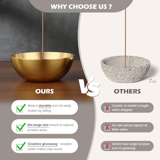 5 Inch Brass Bowl, Incense Holder for Large Sticks/Cones, Small Copper/Gold Decorative Offering Bowl, Sound Bowl, Ash Catcher for Altar, Meditation