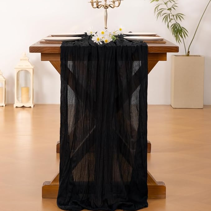 Socomi 10pcs Black Cheesecloth Table Runner Boho Rustic Gauze Valentine's Day 120 inch 10FT Cheese Cloth Runner for Wedding Party Baby Shower Birthday Home Decor Holiday Decorations