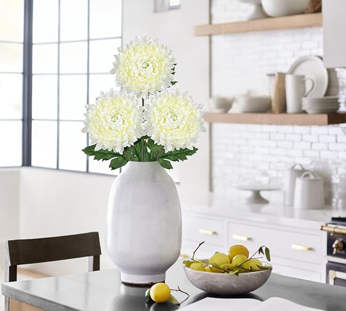Hollyone 3Pcs Fake Mums Flowers White Artificial Chrysanthemum Flowers Silk Long Stem Floral Arrangements Bouquets Faux Spider Mum Flower Pincushion Flower Bush Spring Home Decor