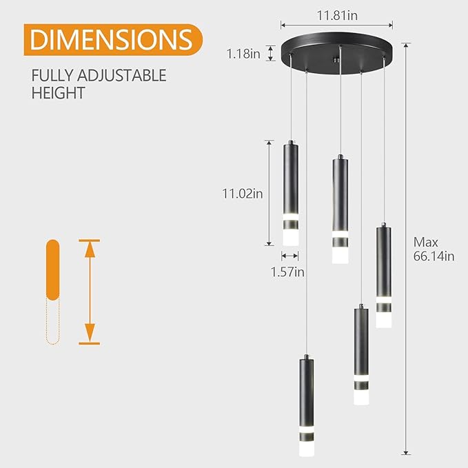 5-Light Modern Pendant Light Kitchen Island Light Fixture Dimmable LED Black Mini Pendant Lights Dinning Room Kitchen Chrome Pendant Lighting