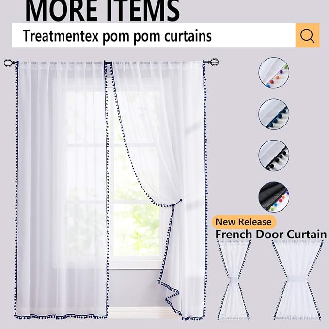 Treatmentex Yellow Sheer Curtains for Living Room 95" Linen Texture Pom Pom Trimmed Voile Drapes for Children's Room 2 Panels