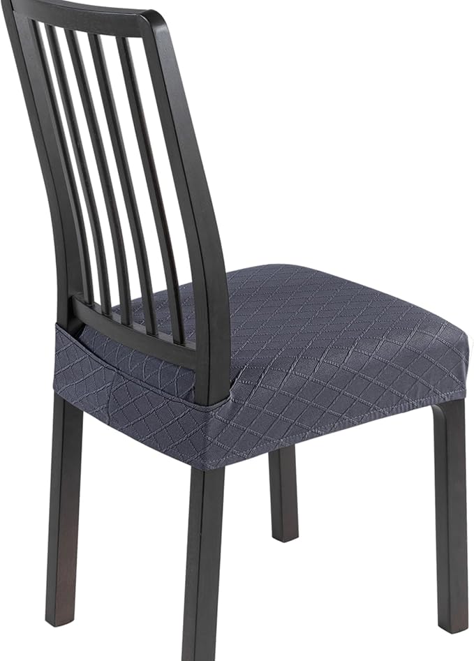 SearchI Stretch Dining Chair Seat Covers Set of 6, Soft Removable Washable Seat Covers for Dining Chairs, Dining Room Seat Cover Protector (Rear-Covered, Check Jacquard Grey)