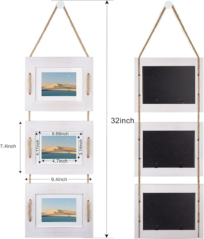 DLQuarts 5x7 Hanging Picture Frames Collage Wall Decor, 3-Frame Set, 3.5x5 with Mat or 5x7 Without Mat, Rustic Solid Wood Photo Frame Pack of 2 Vintage White