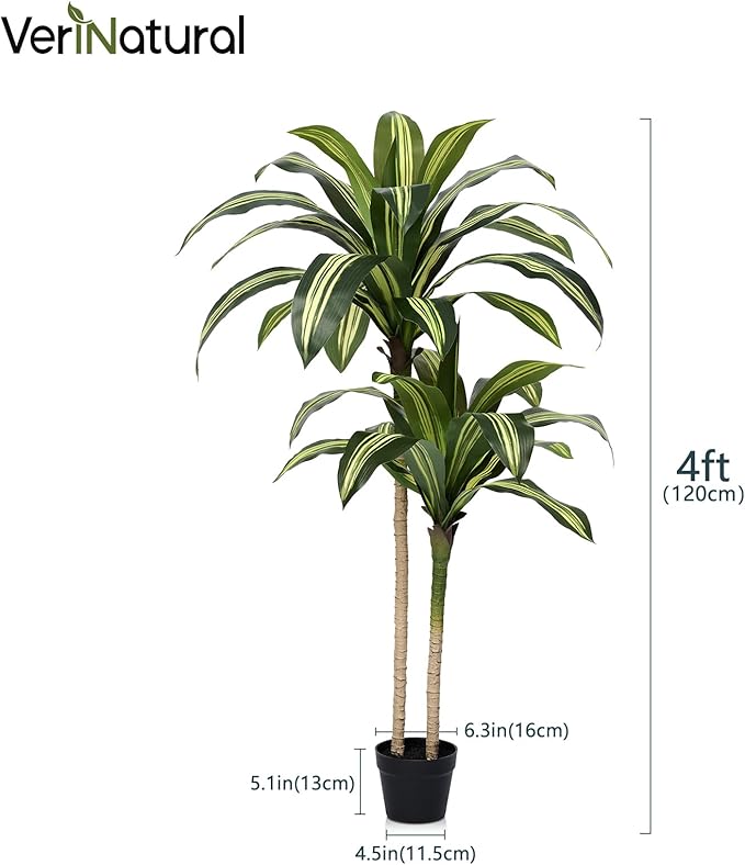 Artificial Dracaena Tree 4FT - Tall Faux Floor Plant with UV-Resistant,Artificial Plants with Lifelike Leaves,Potted Fake Trees for Home, Living Room,Indoor & Outdoor Decor,VN123(Yellow)