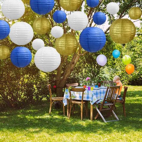 BEISHIDA 21 Pcs Blue Gold White Round Paper Lanterns Decorative Hanging Asia Chinese Japanese Paper Lanterns Lamp for Birthday Wedding Baby Bridal Shower Graduation Party Classroom Decoration
