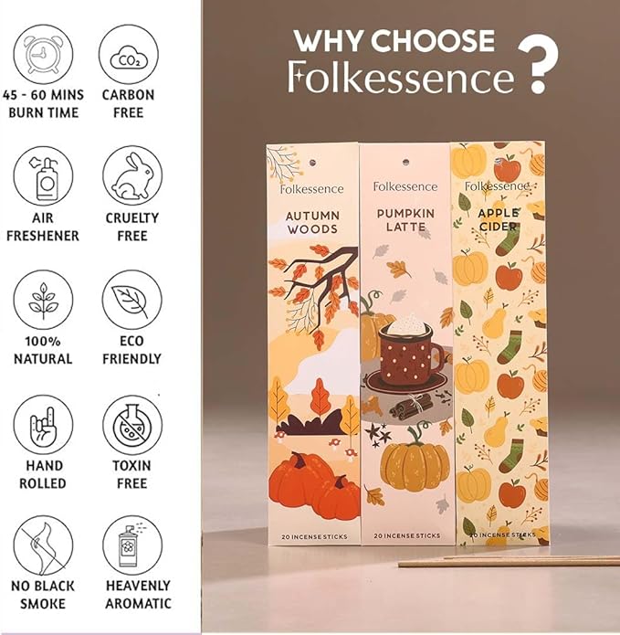 Folkulture Incense Stick Gift | Set of 3 Pumpkin Spice Organic Incense Sticks | Non-Toxic Xmas Decor for Indoor Decorations, Gift | Inscents-Sticks for Women