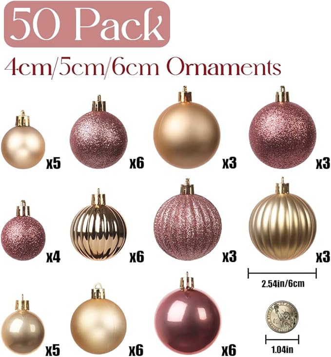 50ct Pink and Gold Christmas Ornaments Set, 2025 Shatterproof Christmas Tree Decorations, Rose Gold Christmas Ball Ornament, Vintage Classic Christmas Ornament Bulk for Christmas Decorations Indoor