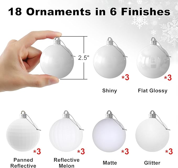 White 2.5" Christmas Balls Christmas Tree Decoration Ornaments Shatterproof Hanging Balls for Birthday Halloween Holiday Wedding Decorations Set of 18pcs