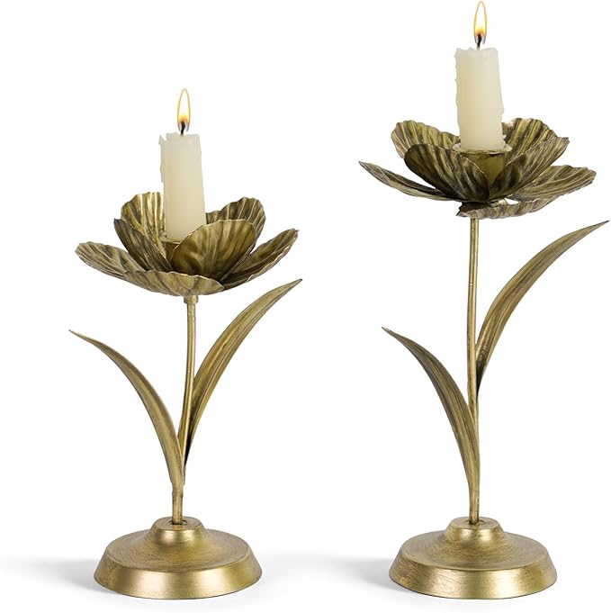 NIKKY HOME Tulip Taper Candle Holders Set of 2, Vintage Elegant Flower Shaped Metal Candlestick for Table Centerpieces, Wedding Decor and Dinner Party, Gold