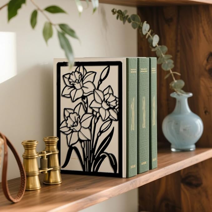 Peacoblue Metal Bookends for Shelves, Modern Decorative Heavy Duty Study Book Ends Stoppers for Office, Desk, Shelf, Room 5.3"x4.3"x7.9" Cast Iron Simple Tall Bookends 1 Pair (Daffodils)