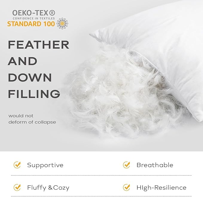 SAVORI Set of 2 Down and Feather Throw Pillow Inserts 12x12 Soft Fluffy Pillow Inserts with 100% Down-Proof Cotton Cover, Decorative Square Cushion Inner for Sofa Couch Bed-White