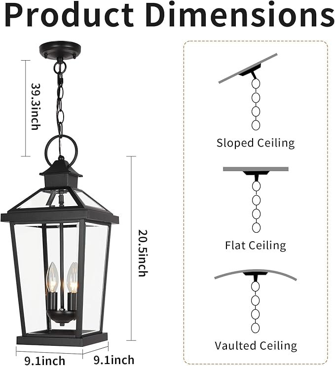 JYZ Outdoor Pendant Light Fixture, 20 Inch Waterproof Black Hanging Lantern with Clear Glass, Anti-Rust Exterior Chandelier for Porch, Patio, Entryway, Front Door JYOPL06-L