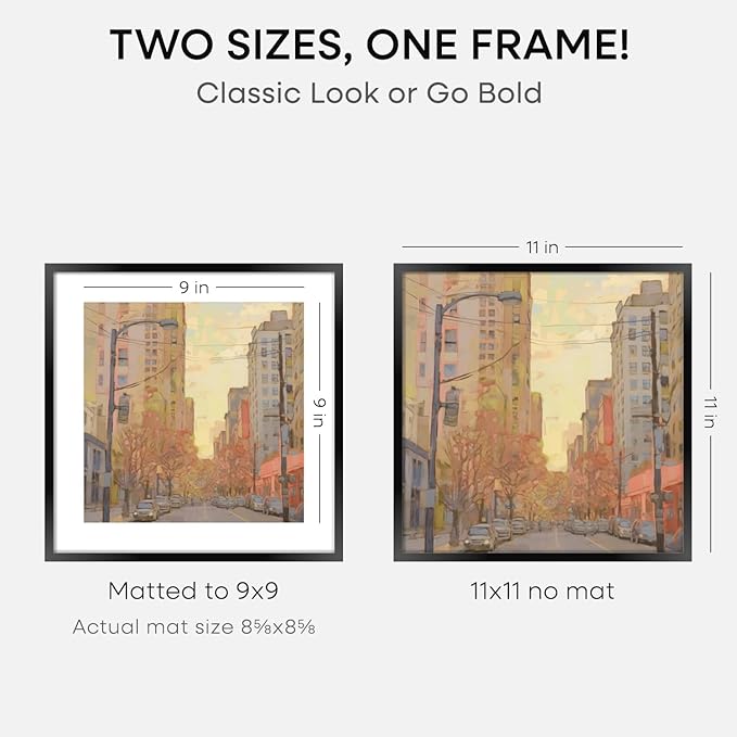 Homeforia 11x11 Picture Frame Black, High End Metal 11 by 11 Square Frames with Mat 9 x 9 Opening, 11by11 Poster Frames Matted to 9x9 inch Photo, Wall Hanging Frame, Tempered Glass, Wall Kit, Set of 4