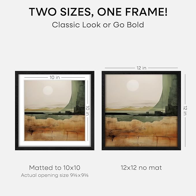 Homeforia 12x12 Black Wood Frame Matted to 10x10 Print, High End Oak 12 x 12 Square Picture Frame with Mat 10 x 10 for Photo, 12by12 Black Wooden Thin Poster Frames, Tempered Glass, Wall Kit, Set of 3