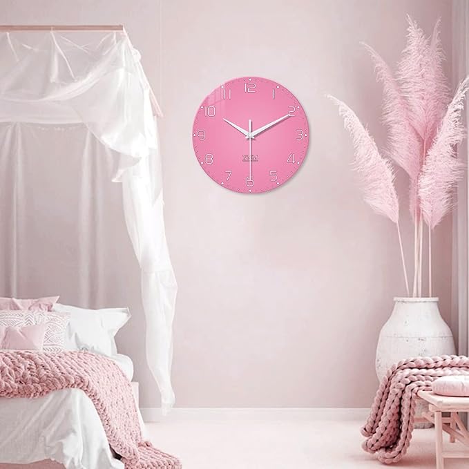 XNM Minimalist Bedroom Clock for Teen Girls Pink Analog Clock Battery Operated 16 Inch Glass Big Wall Clock Silent