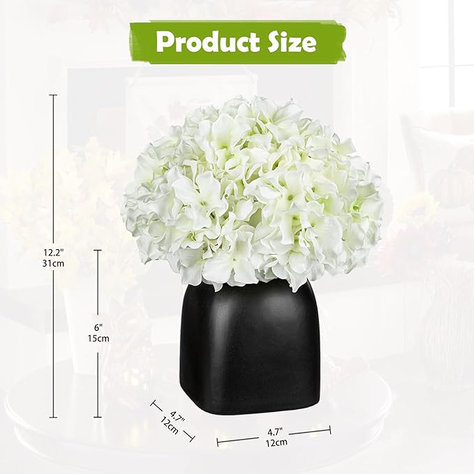 Briful Hydrangea Artificial Flowers White Silk Hydrangea Flowers in Deep Black Ceramic Vase Spring Flowers Arrangments Potted Fake Flowers for Home Decor Indoor Farmhouse Table Wedding Centrepiece