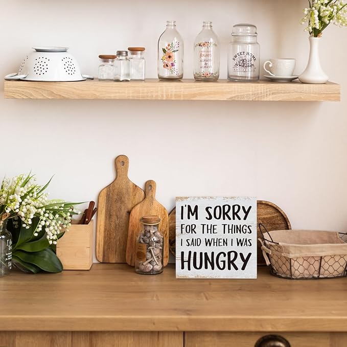 Funny Kitchen Decor Signs, I'm Sorry for the Things I Said When Hungry Sign, Humorous Wood Signs, Dining Room Decoration, Farmhouse Wooden Box Sign Decor, Home Kitchen Shelf Counter Desk Table Decors