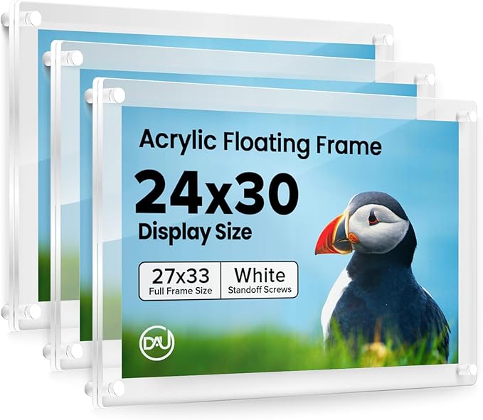 Acrylic Floating Frames White Standoffs(3-pack) 24" x 30" Clear Acrylic Frames for Wall Mount Floating Picture Frame, Diploma Poster Certificate Hanging Photo Display Degree Prints Artwork Documents