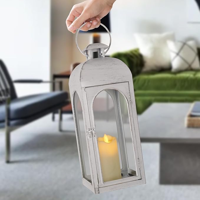 Decorative Candle Lantern 16Inches Outdoor Metal Lantern Hanging Candle Lantern for Indoor Outdoor Home Decor Patio Christmas Decorations, Greyish White