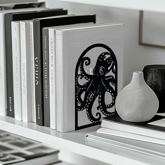 Peacoblue Metal Bookends for Shelves, Modern Decorative Heavy Duty Study Book Support Stoppers for Office, Desk, Shelf, Room 5.3"x4.3"x7.9" Cast Iron Simple Tall Bookends, 1 Pair (Octopus)