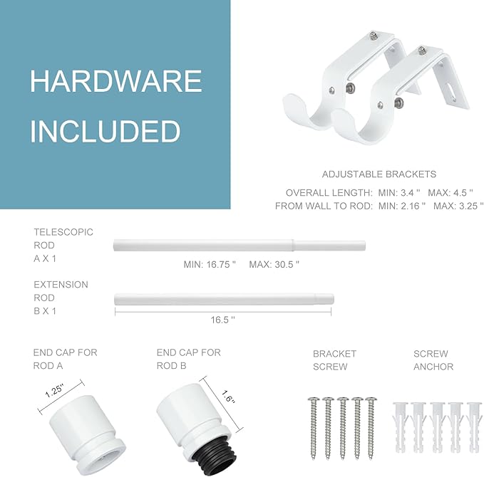 Curtain Rods for Windows 16 to 28 or 40 Inches Max Adjustable Length 1 Inch Diameter Window Curtain Rod with Aluminium End Cap, White