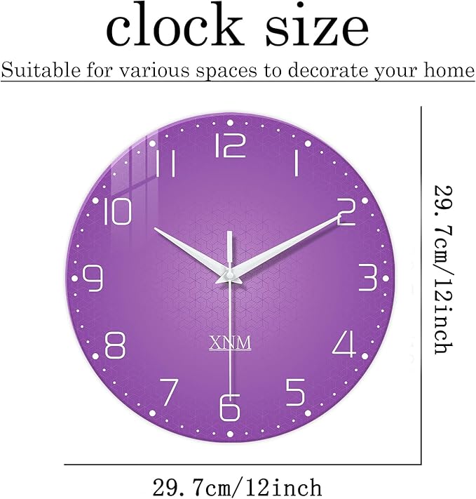 XNM Purple Wall Clock for Girls Bedroom Analog Simple Wall Clocks Battery Operated 12 Inch Round Silent Wall Clock Small